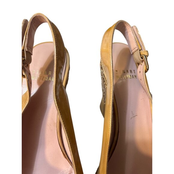Stuart Weitzman Patent Leather Slingback Wedge Sandals Size 7M Tan - Picture 3 of 7